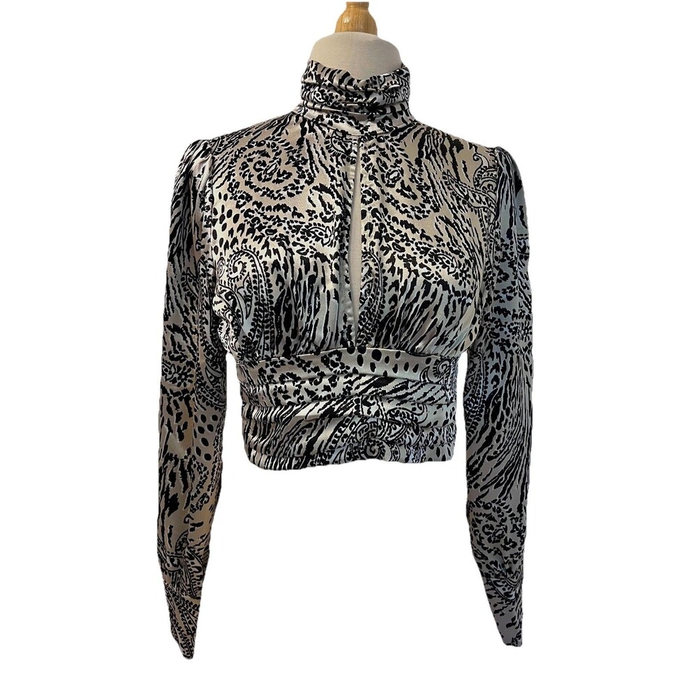 Honey Punch Crop Top Sz XS Animal Print Satin Long Sleeve Top Keyhole Open Back